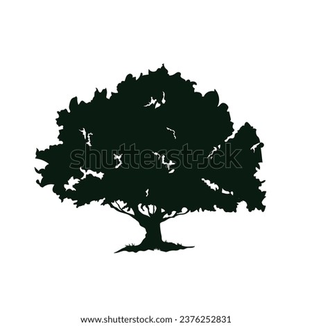 tree silhouette. big tree silhouette. oak tree silhouette. black oak tree isolated on white background. cutout trees. hand drawn design. vector illustration.