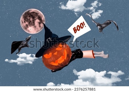 Composite creative photo strange unusual collage of witch arm hold funny evil pumpkin head fly with bats isolated on sky background