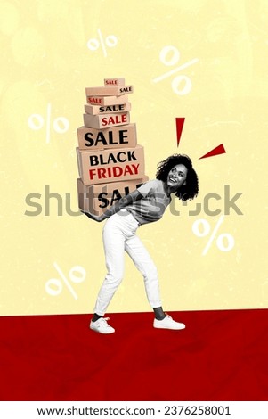 Exclusive brochure magazine collage sketch image of lady holding pile carton boxes many orders from internet isolated on yellow background