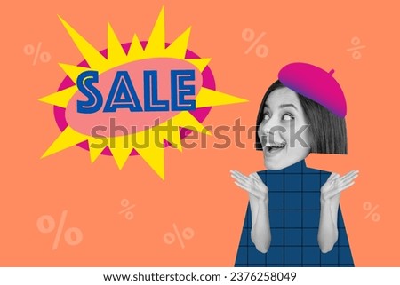 Composite photo collage of funky abstract character lady wear french stylish cap looking sale promo isolated on orange percent background