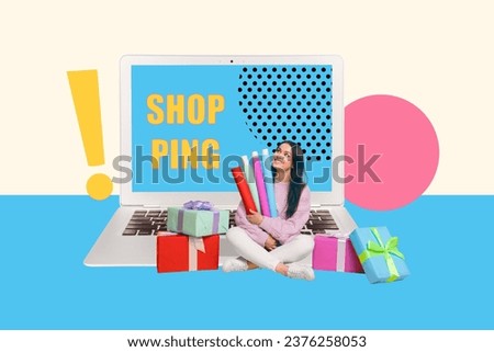 Creative composite photo collage of curious happy girl sit on laptop packaging online orders with new outfit isolated drawing background