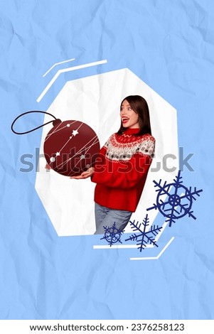 Photo collage artwork picture of excited funky lady holding huge xmas tree ball isolated creative blue color background
