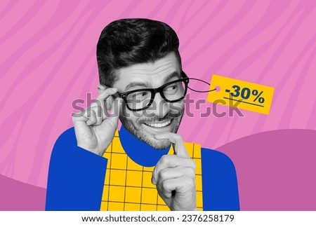 Collage banner picture poster of funky happy curious man looking special sale optics shop -30 percent isolated on painted background
