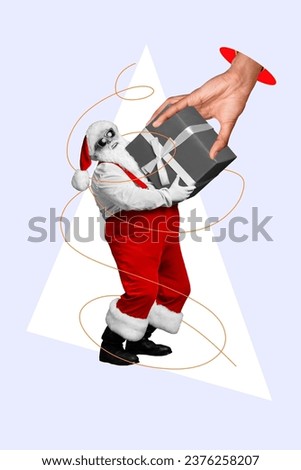 Greeting card image collage of funky cool santa claus presenting gift bug arm give giftbox isolated on drawing doodle background