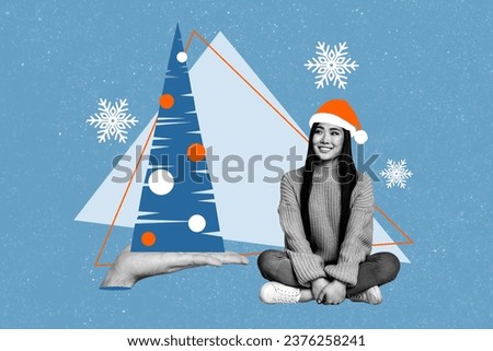 Banner picture collage of cute lovely girl sitting decorating christmas tree fir isolated on painted background