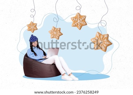 Banner picture collage of cute lovely girl sitting bean bag making order online preparing christmas eve isolated on drawinng background