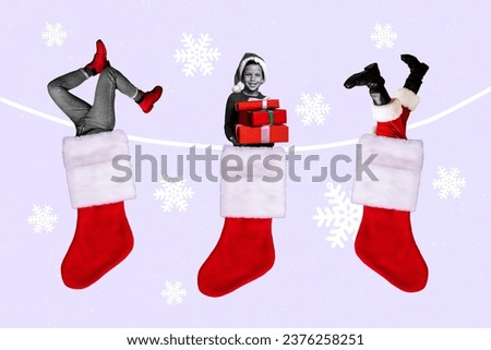 Artwork picture collage of cute little boy receiving giftbox sitting inside red warm socks isolated drawing background