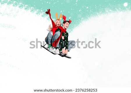 Picture artwork photo collage of happy two people having fun riding sleigh snowy day isolated on painted background