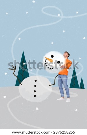 Magazine collage picture of happy smiling guy building xmas snowman isolated drawing background