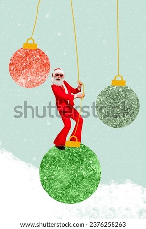 Brochure greeting card collage of cheerful crazy jolly santa claus in glamour red suit swinging on huge shining balls