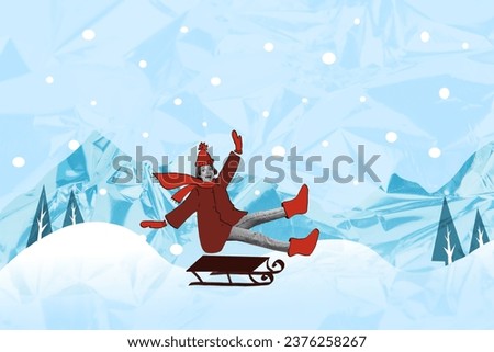 Invitation brochure collage of crazy carefree girl riding sleigh rejoicing enjoying winter season isolated on drawing background