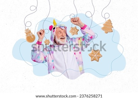 Invitation brochure collage of funky cheerful elderly guy enjoying new year atmosphere hanging decor sweet cookies isolated on drawing background