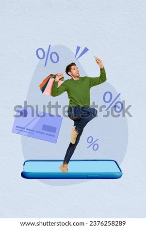 Composite collage picture image of energetic excited young man hold shopping bags telephone device screen ecommerce have fun credit card