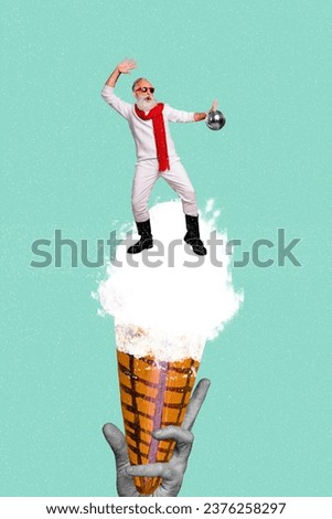 Invitation brochure 3d collage of hand hold ice cream cone dancing crazy carefree elderly man isolated on drawing background