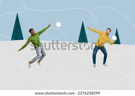 Brochure postcard collage of cheerful jolly friends having fun playing and throwing snowballs isolated on drawing background