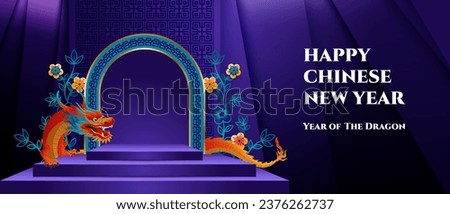 Happy Chinese New Year 2024 Blue Podium stage, Dragon zodiac sign with peony flower illustration