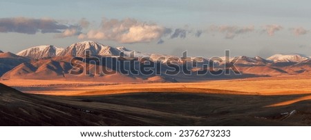 Wide panoramic beautiful mountain landscape of the North Chui ridge, with snow-capped mountain peaks and golden autumn Kurai steppe. Yellow steppe and dark mountains at sunset.
