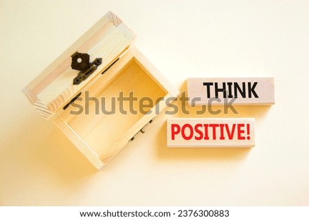 Think positive symbol. Concept words Think positive on beautiful wooden block. Beautiful white table background. Empty wooden chest. Business, motivational think positive thinking concept. Copy space.