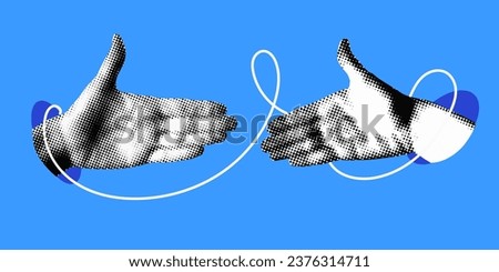 Hands reach out to each other. Handshake. Halftone retro hands. Paper cutout elements. Trendy vintage newspaper parts. Make a deal. Successful agreement. Hands tied with thread. Shaking hands Royalty-Free Stock Photo #2376314711