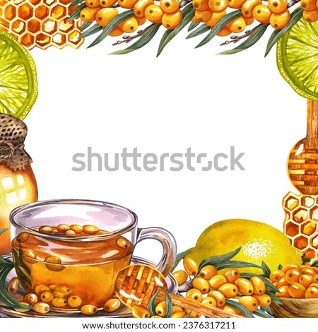 Frame with sea buckthorn tea. Glass cup with vitamin tea, lemon and honey. Handmade watercolor illustration. For invitations, banners, flyers, packaging and menus. For pharmaceutical labels, posters.