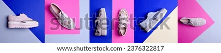 Collage of 5 different women's shoes in a pastel color on a bright contrasting geometric background. Fashion blog header design. Packing for summer travel. Creative fashion photography.