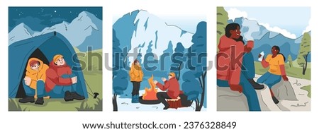 Mountaineering set. Mountain climbers with backpacks during nature adventure. People climbing rock wall, sitting near campfire and hiking in the hills. Flat vector illustration