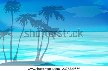Hawaiian landscape illustration of beautiful ocean and palm trees