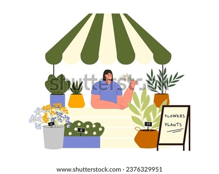 Street market fair. Outdoor market stall vector flat illustration. Local market stall with plants and Flowers. Royalty-Free Stock Photo #2376329951