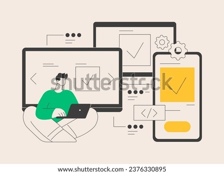 Cross-platform development abstract concept vector illustration. Cross-platform operating systems, compatible software environments, mobile app user experience, code writing abstract metaphor.