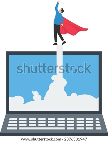 super businessman flying out from laptop screen

