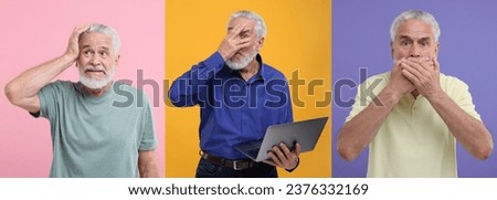 Collage with photos of embarrassed senior man on different color backgrounds