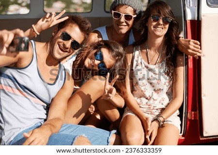 Photography, travel or friends taking selfie on road trip for a fun summer holiday vacation together. Smile, camera or group of happy people take pictures on an adventure for memory or freedom in van