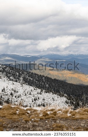 the first snow on the mountain tops. beautiful landscape. 
background for the screen. CARPATHIAN MOUNTAINS. Dragobrat resort. autumn in the mountains. vertical photo. 