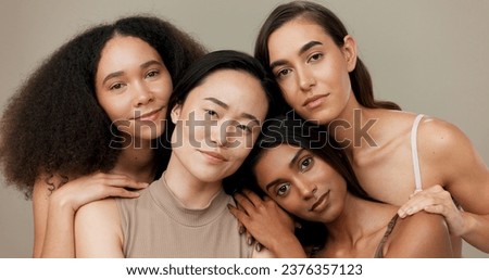Diversity, beauty and women, portrait and cosmetics with wellness, dermatology and glow on studio background. Different skin, unique and inclusion with model group in a studio, skincare and face Royalty-Free Stock Photo #2376357123