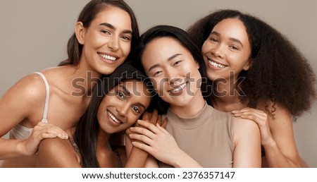 Women, portrait and beauty, diversity and happy with wellness, dermatology and friends isolated on studio background. Unique skin, natural cosmetics and inclusion with skincare, smile and antiaging