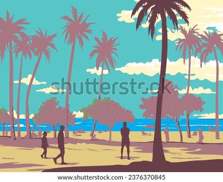WPA poster art of beachcombers in Waikiki Beach located in Honolulu County in the island of Oahu, Hawaii USA in done in works project administration style or federal art project style.