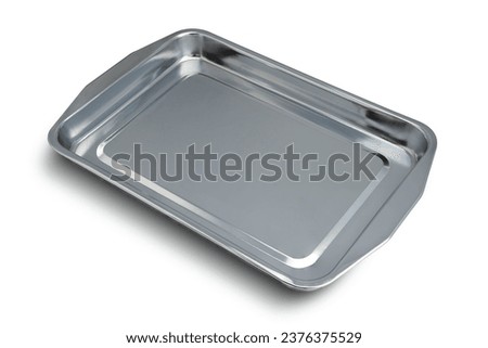 Rectangular stainless steel tray with high edges and handle perspective view photo stacked full depth field isolated on white background. This has clipping path.