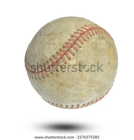 Old and dirty worn classic white leather baseball with red stitching detail full depth field photo stacked isolated on white background. This has clipping path.
