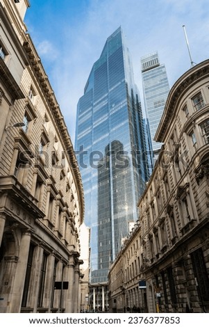 London skyscrapers seen from the street  Royalty-Free Stock Photo #2376377853