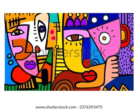Colorful abstract faces portrait line art decorative hand drawn vector illustration wall art, cards, cover, poster, prints design.