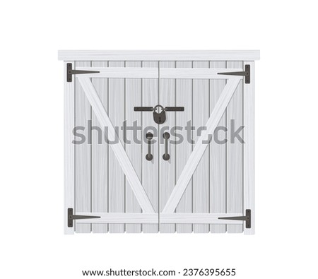 Vintage wooden painted double doors with wrought iron hardware. Isolated on white background. Rural house concept. Cartoon flat style. Vector illustration