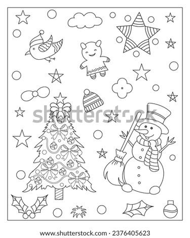 Coloring page of a decorated Christmas tree, Shanta Claus, ball, bell, snowman and gifts. Vector black and white illustration on white background.
