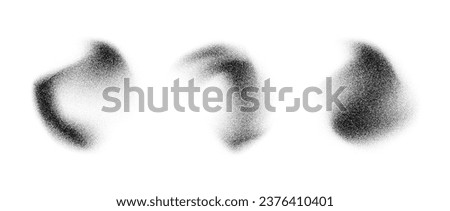Curved fluid stippled gradient elements. Noise grain texture stains shape set. Black and white dotted spray forms and sand dust spots. Halftone splatter shades collection. Vector dot work splashes Royalty-Free Stock Photo #2376410401