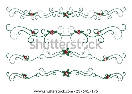 
Christmas Flourishes Swirls dividers lines Decorative Elements, Vintage Calligraphy Scroll Merry Christmas text divider filigree elegant, Winter Holly headers fancy separator green page decor 