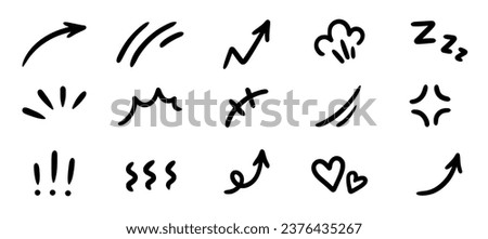 Line movement effect element, cartoon emotion effect decoration icon. Hand drawn cute doodle line element arrow, emphasis, shock, sparkle. Anime movement, express shape. Vector illustration. Royalty-Free Stock Photo #2376435267