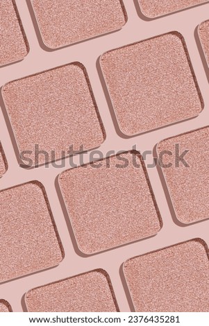 Minimal pattern eye shadow glitter pink swatches with shadow, monochrome photo as background, refill compact eyeshadow, shiny colored powder fo makeup, square shape metal pack, beauty cosmetic texture