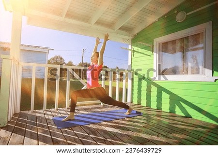 female yoga house porch, health sport activity spring girl