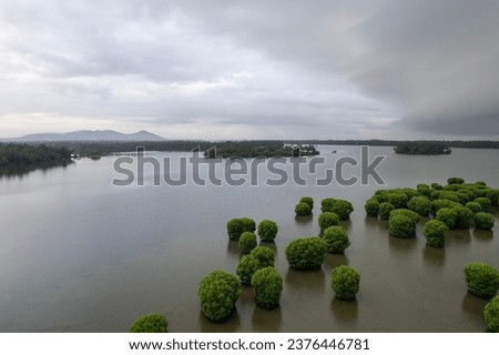 Lake view with mangrove trees, Aerial drone image of Kavvayi island Kannur, Kerala travel and tourism concept image Royalty-Free Stock Photo #2376446781