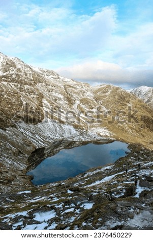 A lake in a rock snowy mountain under blue sky