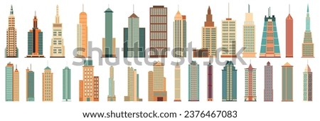 Big set of skyscrapers isolated on white background in flat style. Large collection of skyscrapers. Vector illustration. Royalty-Free Stock Photo #2376467083